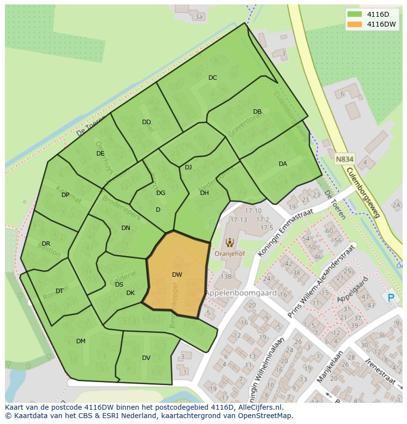 Afbeelding van het postcodegebied 4116 DW op de kaart.
