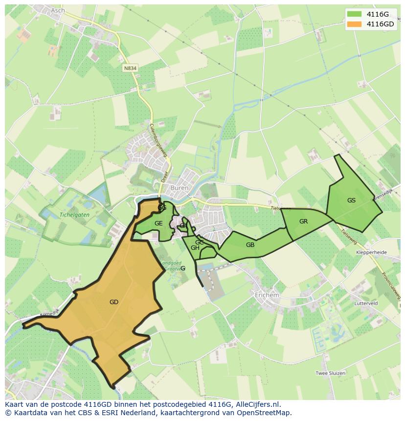 Afbeelding van het postcodegebied 4116 GD op de kaart.