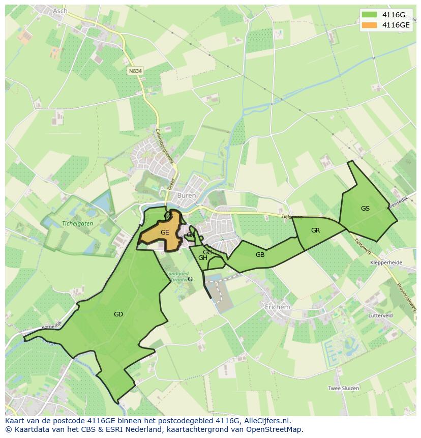 Afbeelding van het postcodegebied 4116 GE op de kaart.