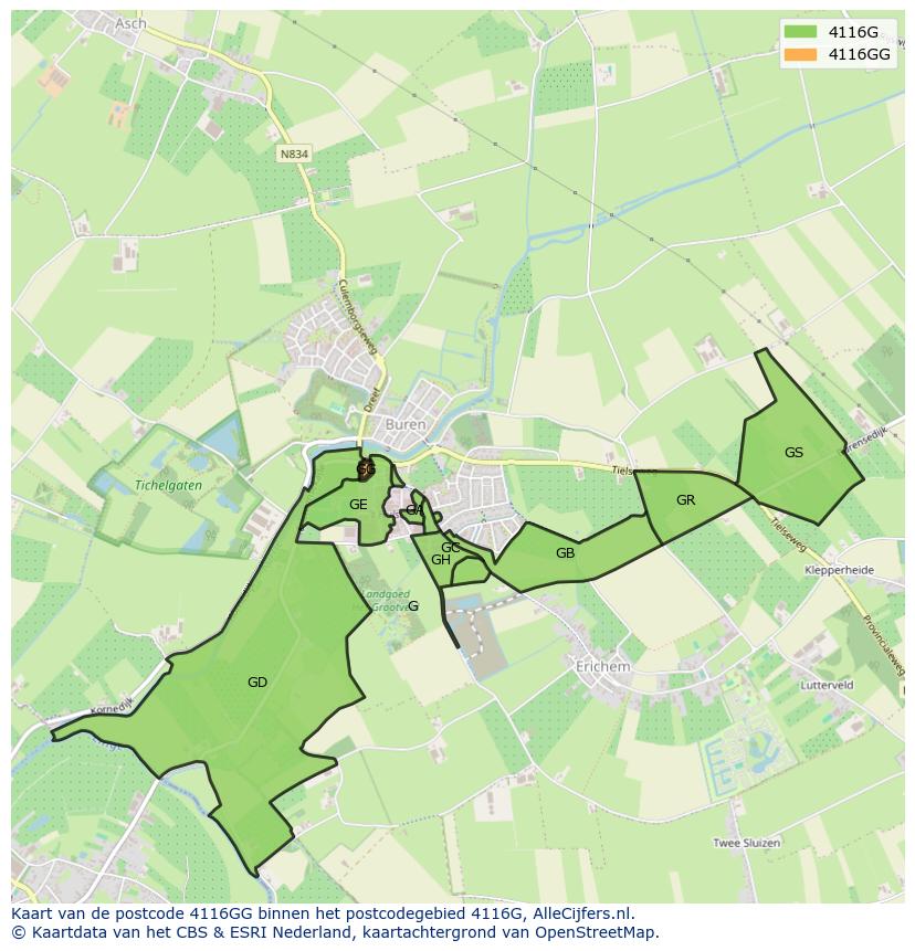 Afbeelding van het postcodegebied 4116 GG op de kaart.
