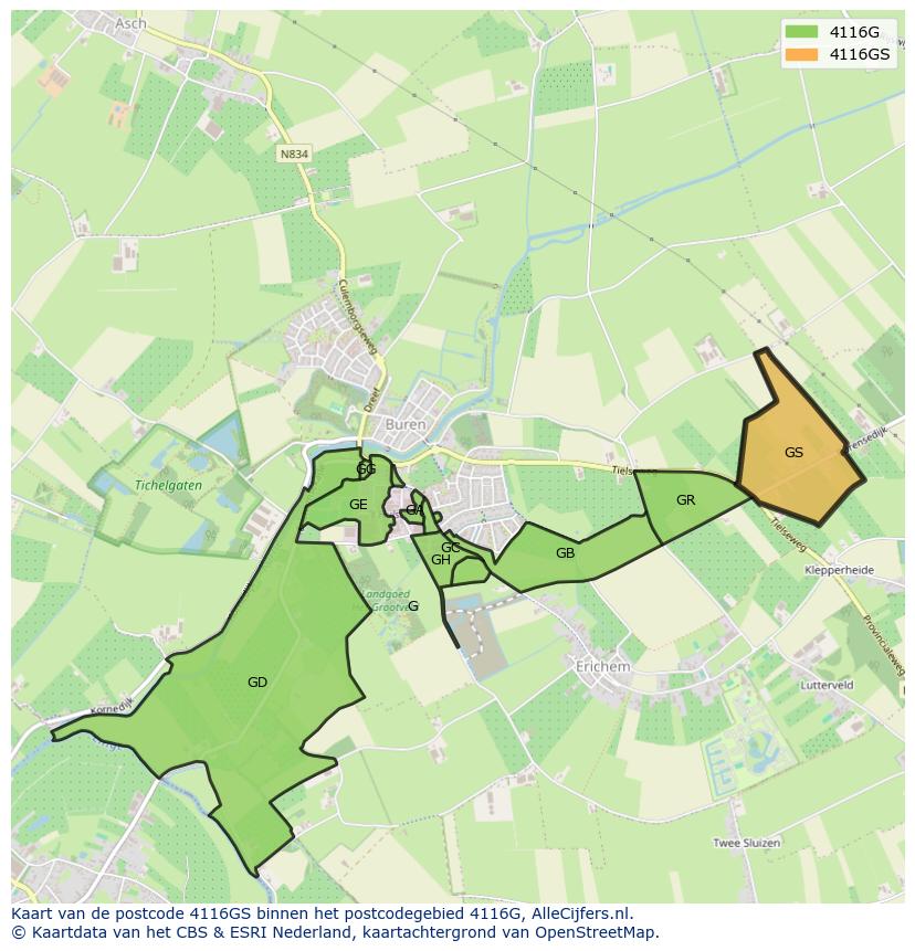 Afbeelding van het postcodegebied 4116 GS op de kaart.