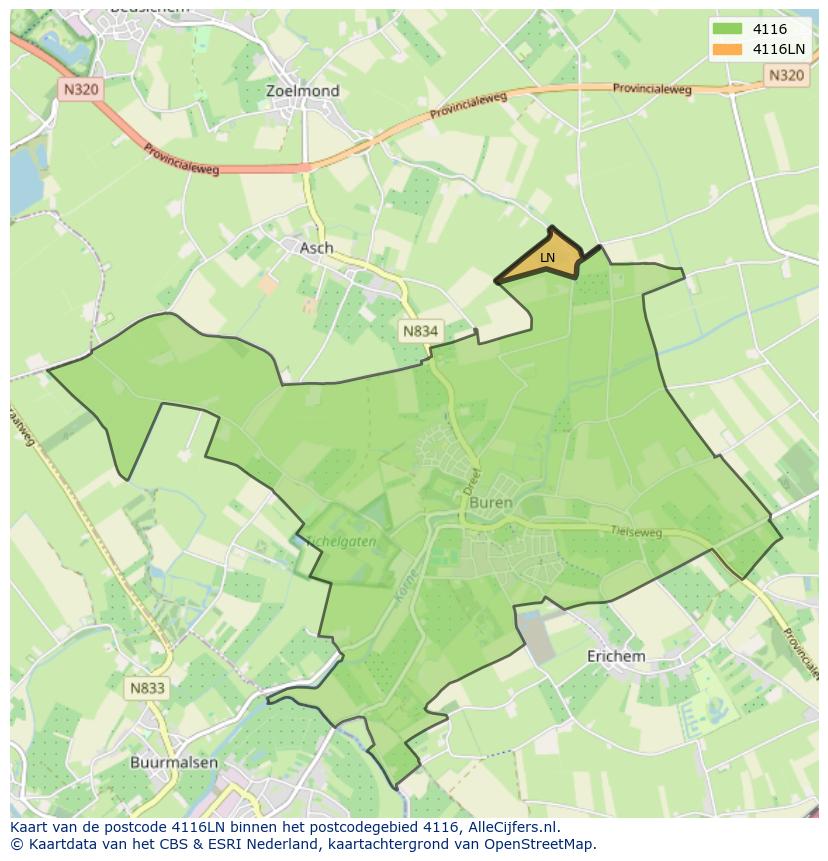 Afbeelding van het postcodegebied 4116 LN op de kaart.