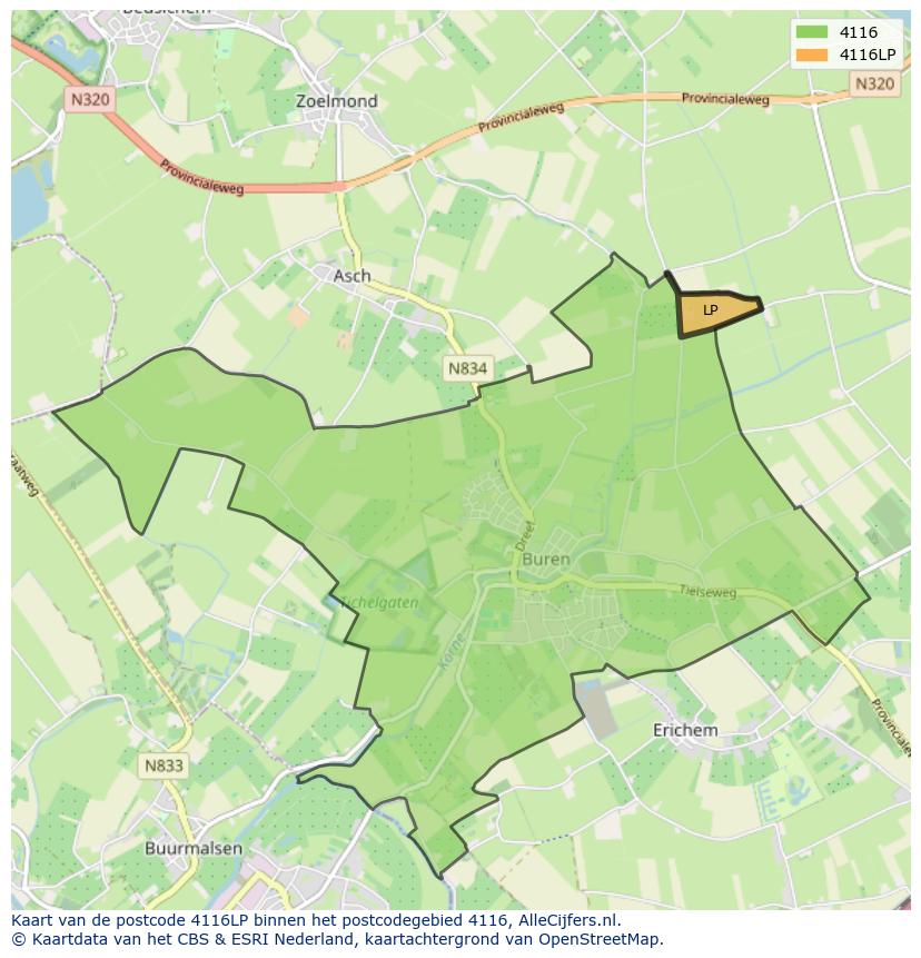 Afbeelding van het postcodegebied 4116 LP op de kaart.