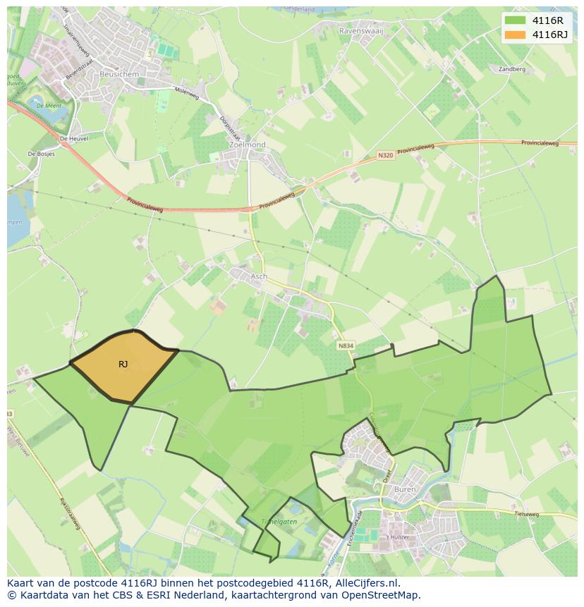 Afbeelding van het postcodegebied 4116 RJ op de kaart.