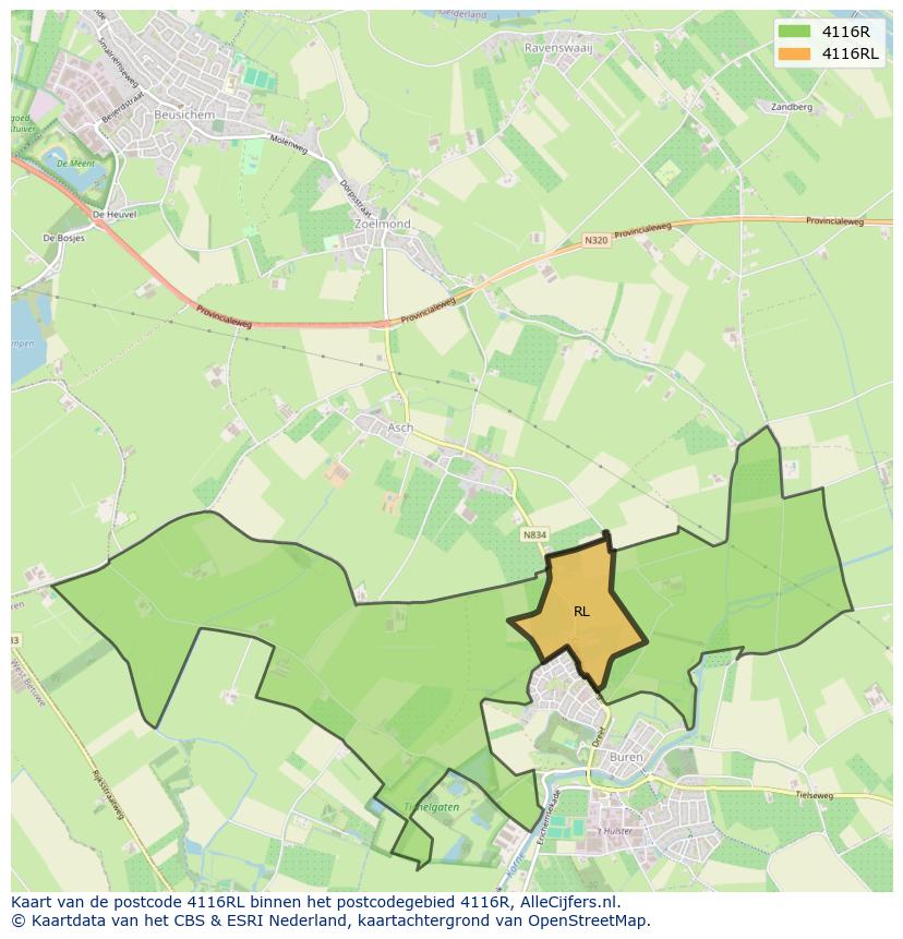 Afbeelding van het postcodegebied 4116 RL op de kaart.