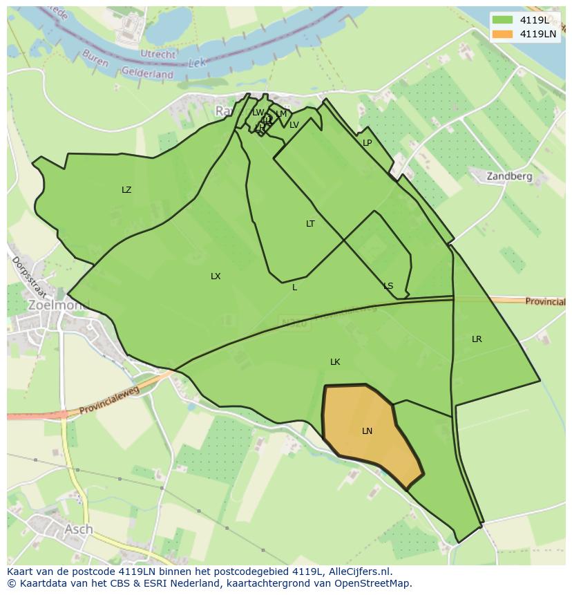 Afbeelding van het postcodegebied 4119 LN op de kaart.