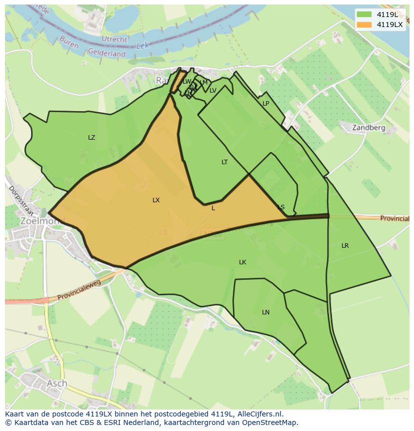 Afbeelding van het postcodegebied 4119 LX op de kaart.