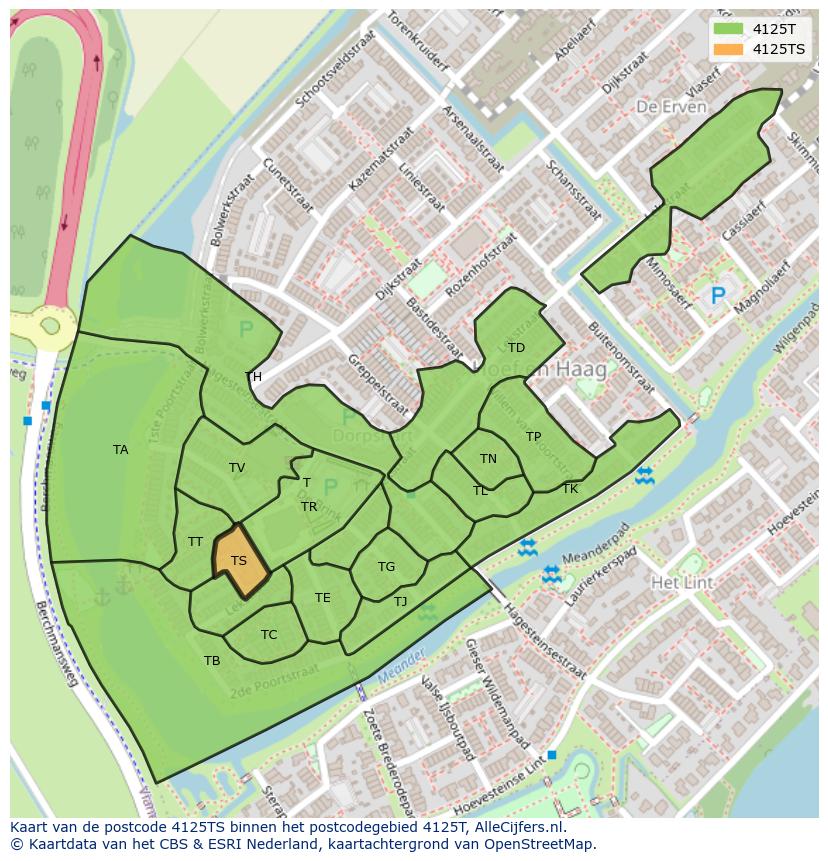 Afbeelding van het postcodegebied 4125 TS op de kaart.