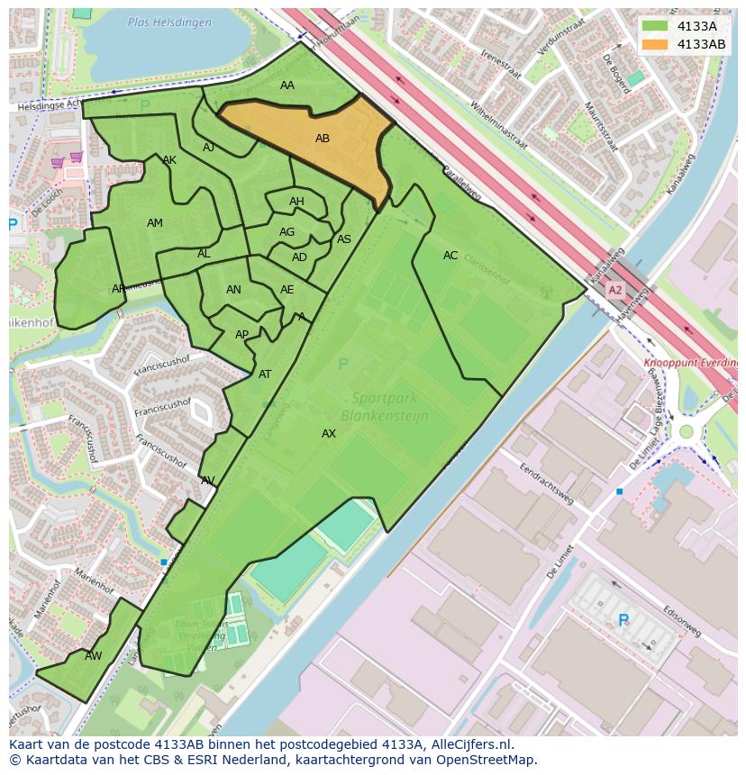 Afbeelding van het postcodegebied 4133 AB op de kaart.