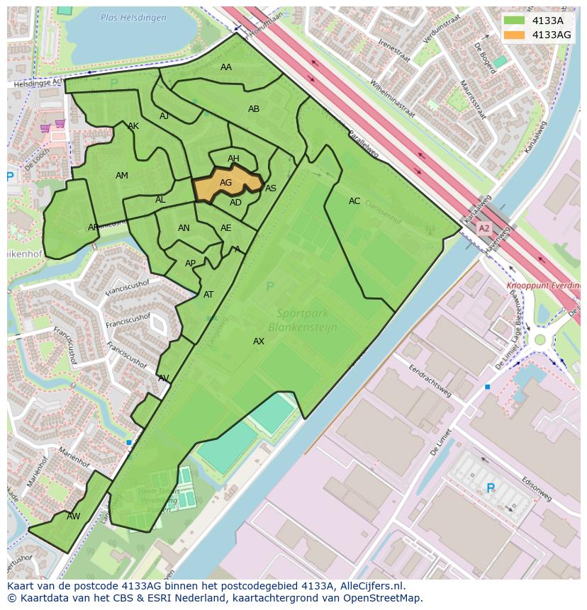 Afbeelding van het postcodegebied 4133 AG op de kaart.