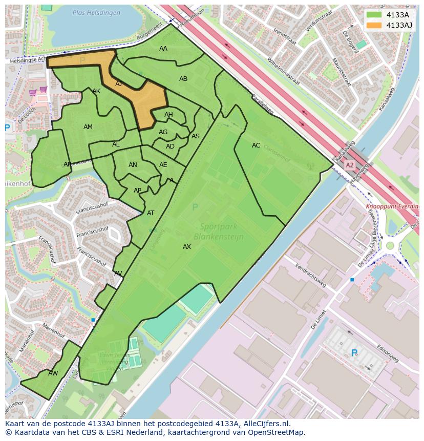 Afbeelding van het postcodegebied 4133 AJ op de kaart.