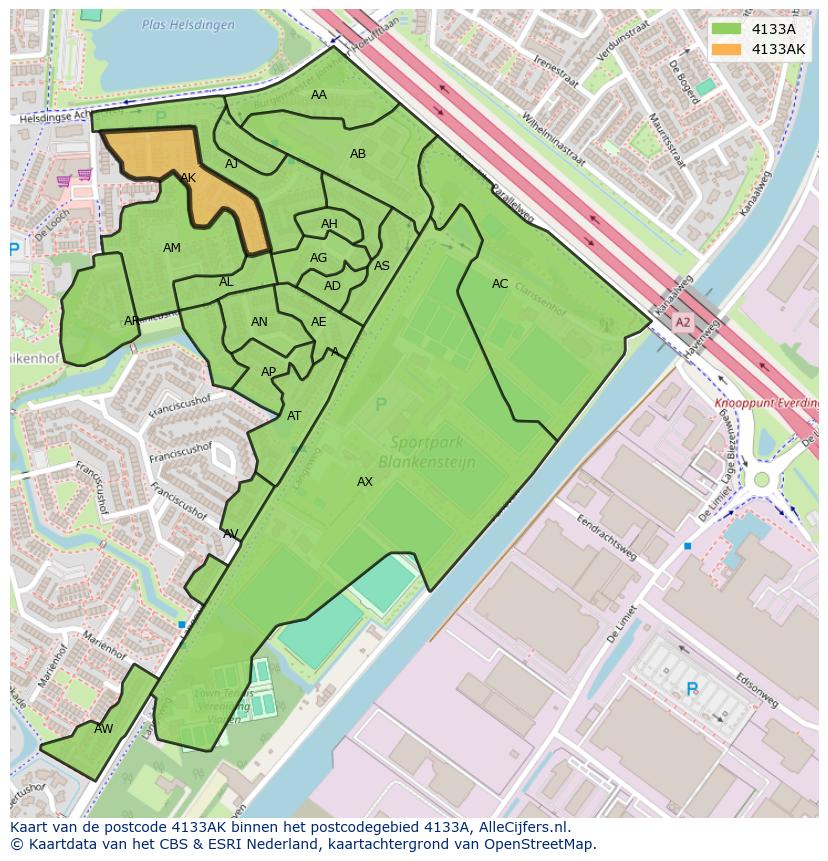 Afbeelding van het postcodegebied 4133 AK op de kaart.