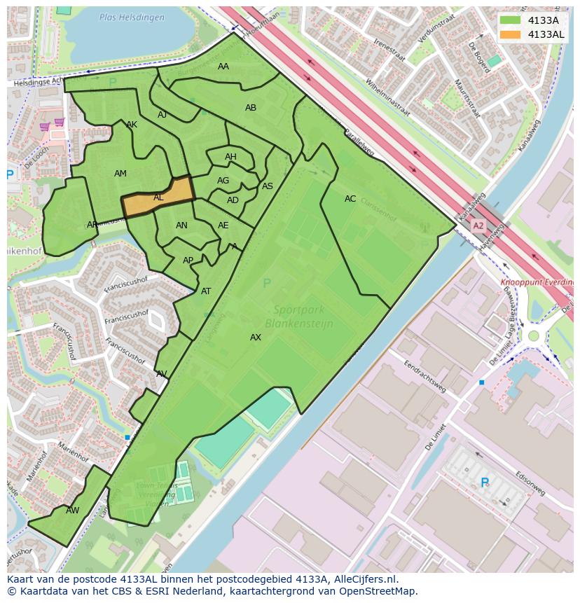 Afbeelding van het postcodegebied 4133 AL op de kaart.