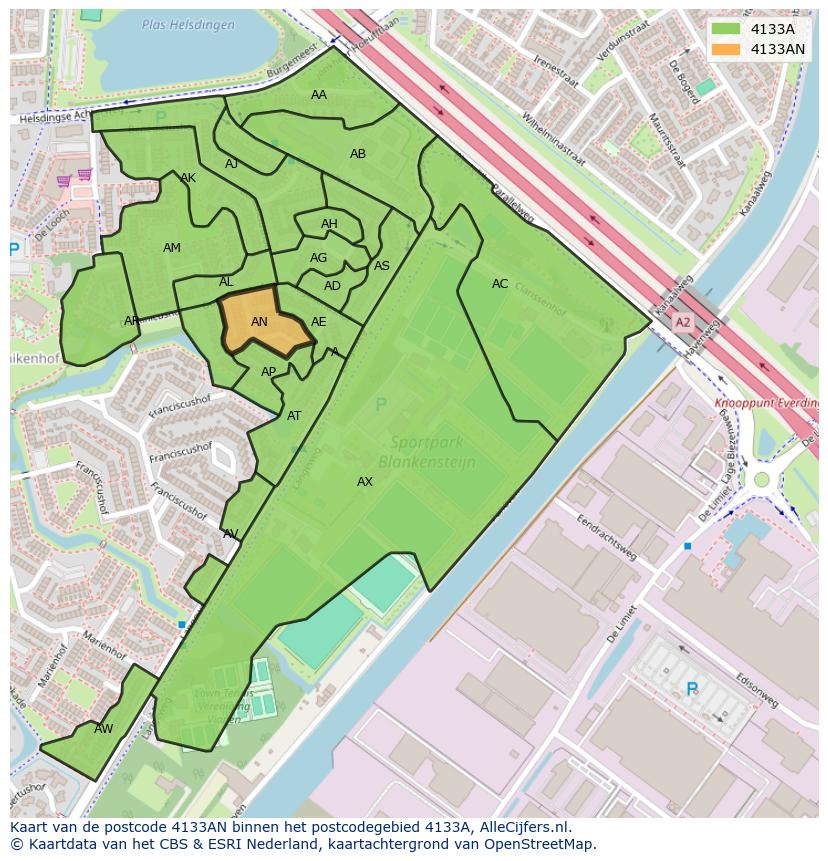 Afbeelding van het postcodegebied 4133 AN op de kaart.
