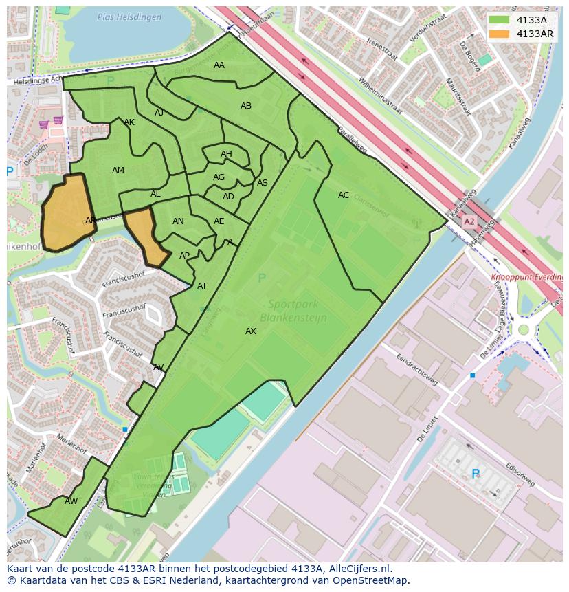 Afbeelding van het postcodegebied 4133 AR op de kaart.