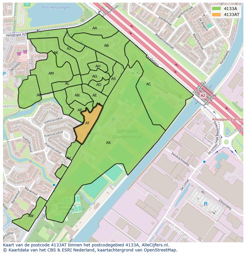 Afbeelding van het postcodegebied 4133 AT op de kaart.