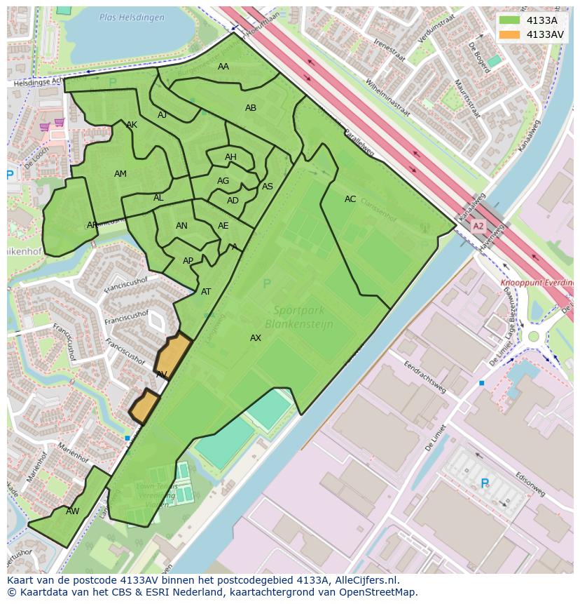 Afbeelding van het postcodegebied 4133 AV op de kaart.