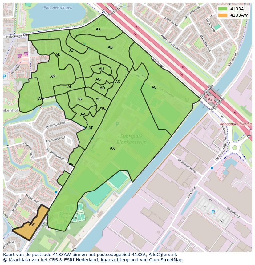 Afbeelding van het postcodegebied 4133 AW op de kaart.