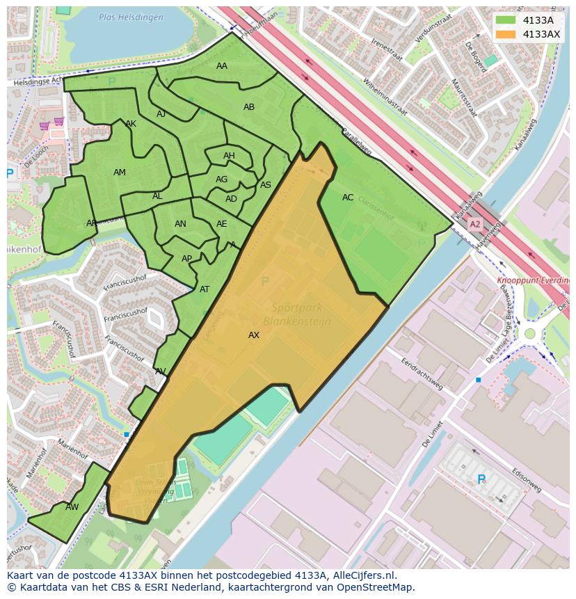Afbeelding van het postcodegebied 4133 AX op de kaart.