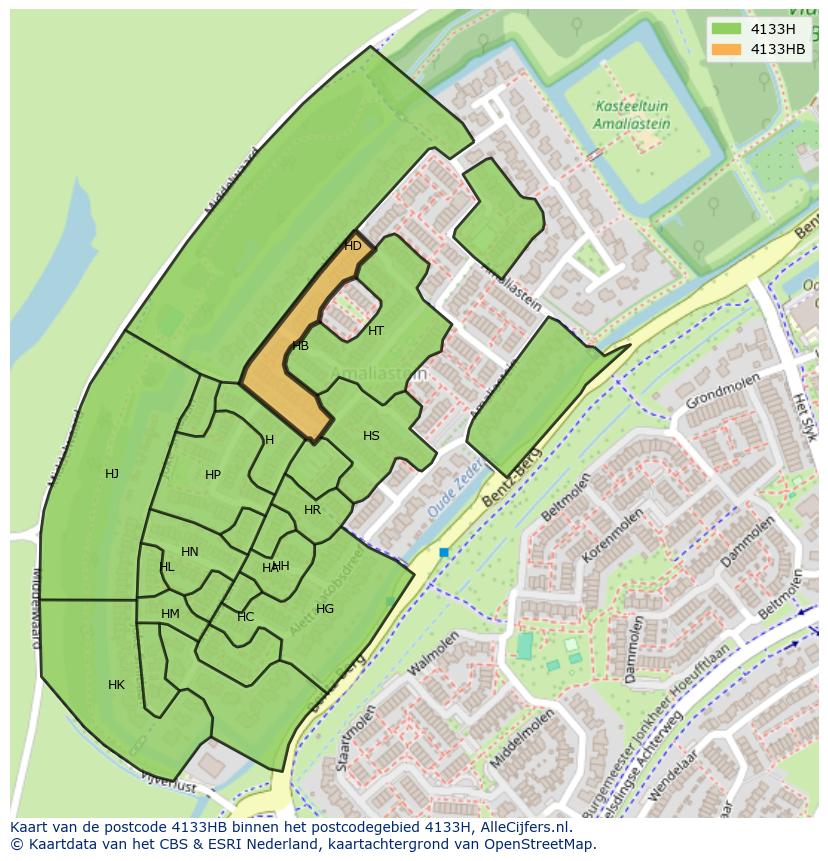 Afbeelding van het postcodegebied 4133 HB op de kaart.