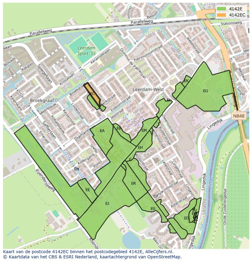 Afbeelding van het postcodegebied 4142 EC op de kaart.
