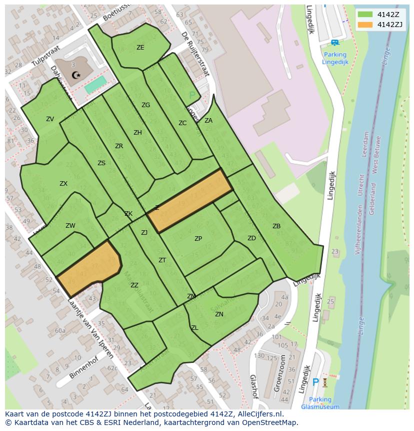 Afbeelding van het postcodegebied 4142 ZJ op de kaart.