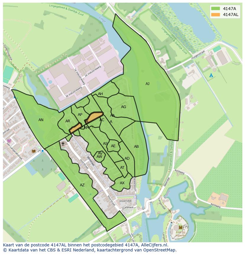 Afbeelding van het postcodegebied 4147 AL op de kaart.