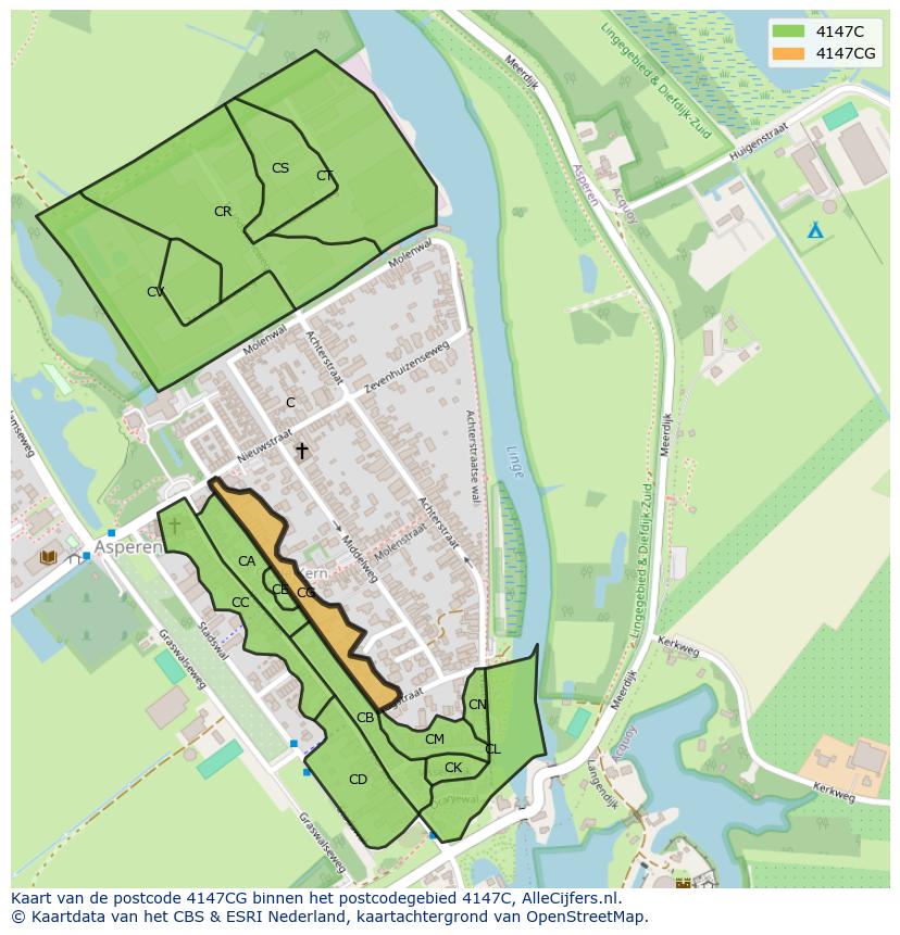 Afbeelding van het postcodegebied 4147 CG op de kaart.