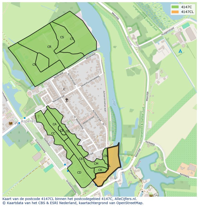 Afbeelding van het postcodegebied 4147 CL op de kaart.