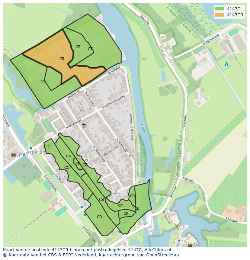 Afbeelding van het postcodegebied 4147 CR op de kaart.