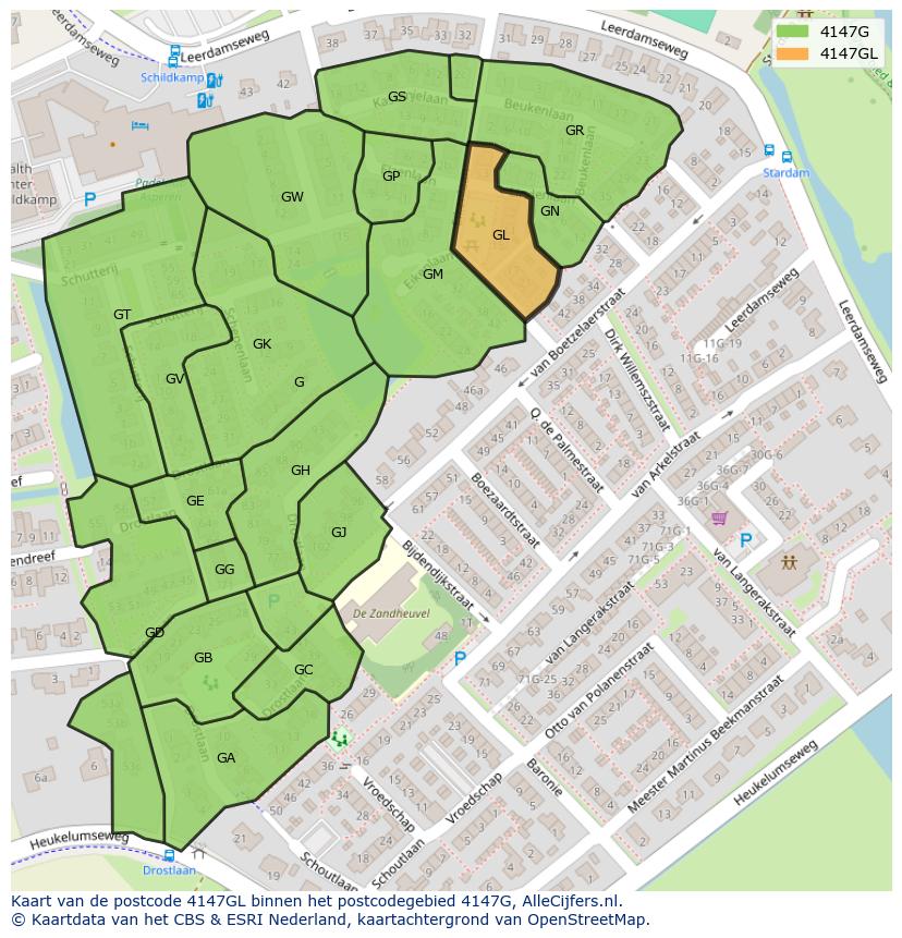 Afbeelding van het postcodegebied 4147 GL op de kaart.