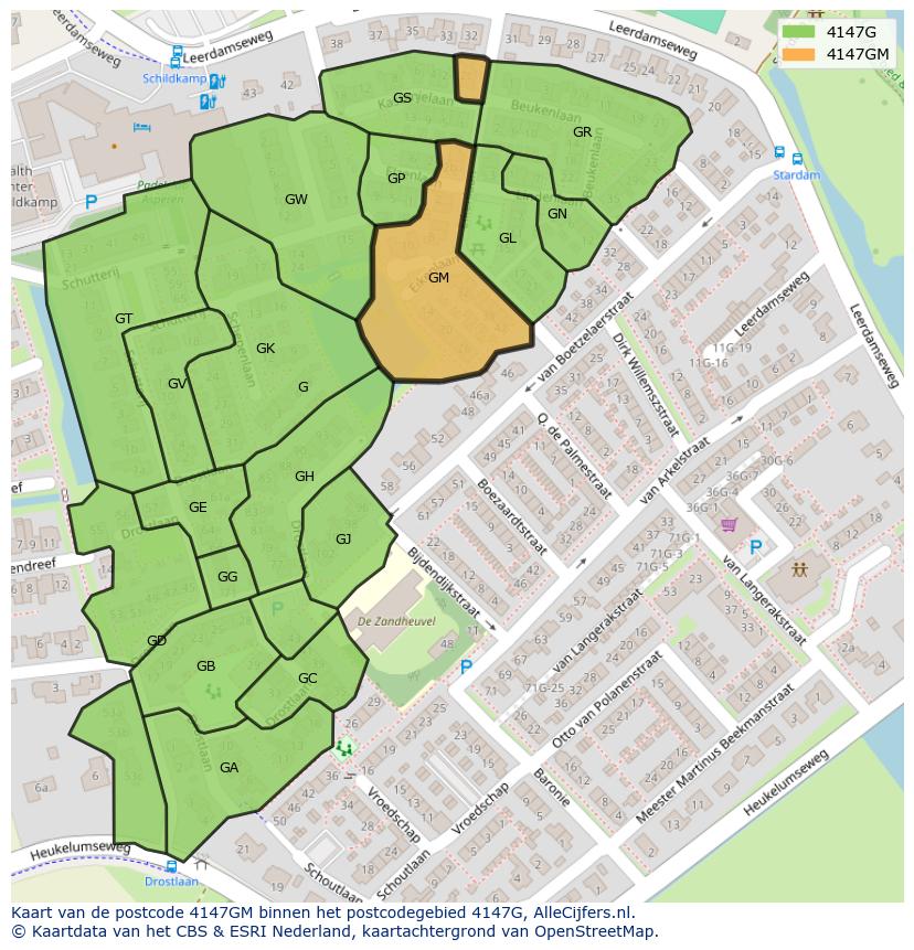 Afbeelding van het postcodegebied 4147 GM op de kaart.