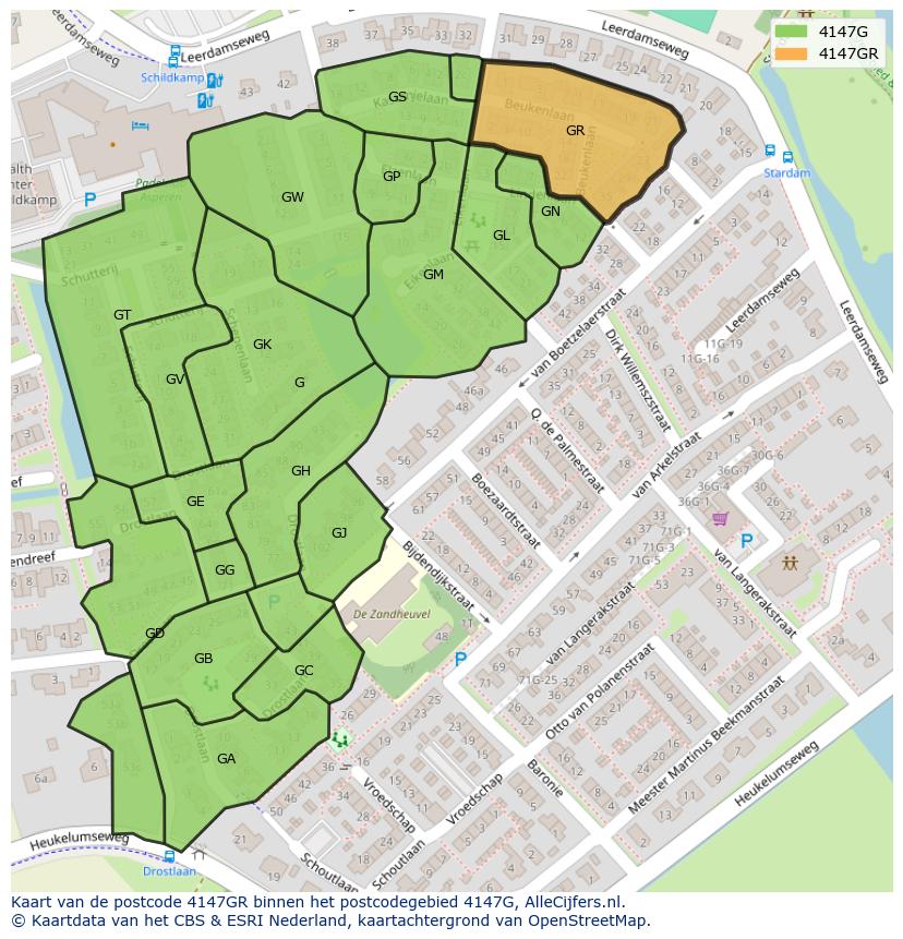 Afbeelding van het postcodegebied 4147 GR op de kaart.