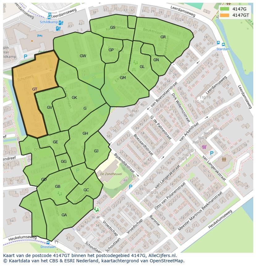 Afbeelding van het postcodegebied 4147 GT op de kaart.