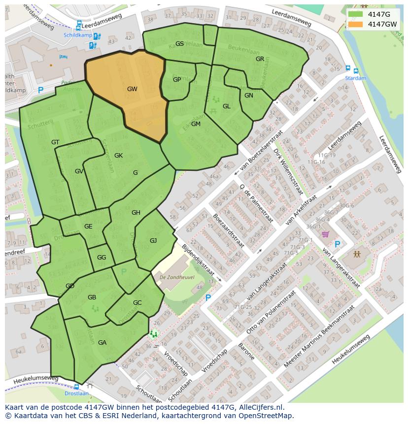 Afbeelding van het postcodegebied 4147 GW op de kaart.