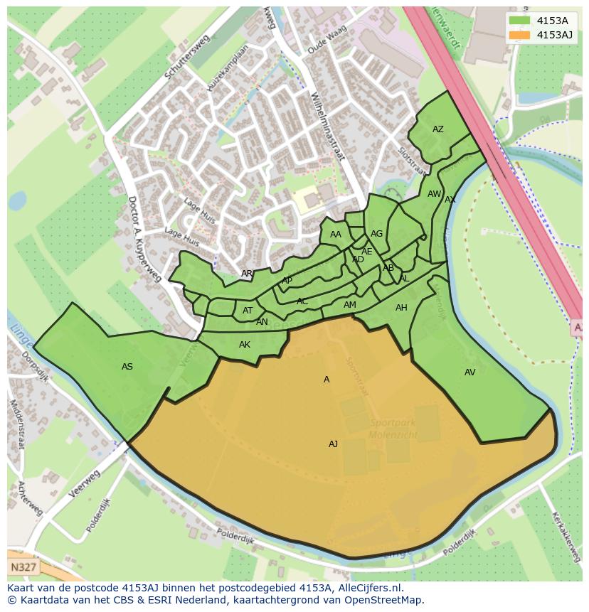 Afbeelding van het postcodegebied 4153 AJ op de kaart.