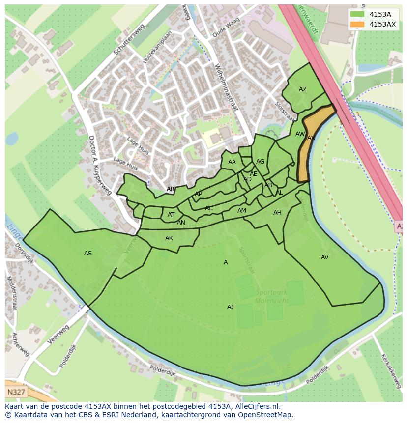 Afbeelding van het postcodegebied 4153 AX op de kaart.