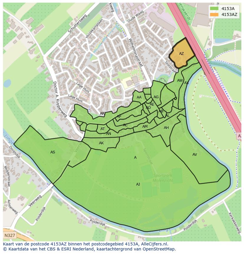 Afbeelding van het postcodegebied 4153 AZ op de kaart.