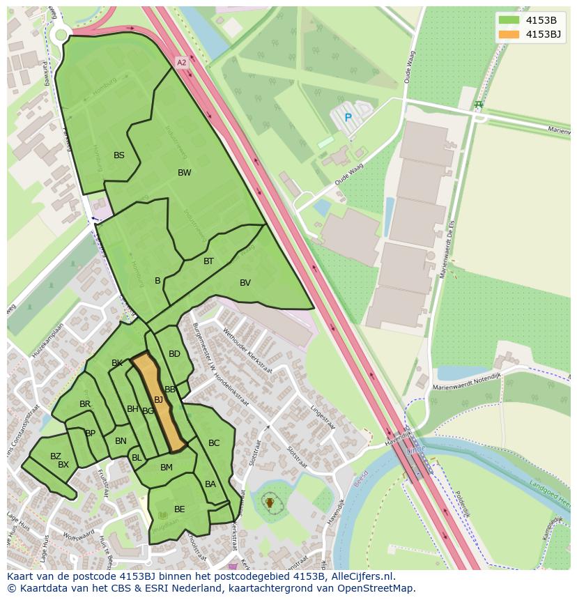 Afbeelding van het postcodegebied 4153 BJ op de kaart.