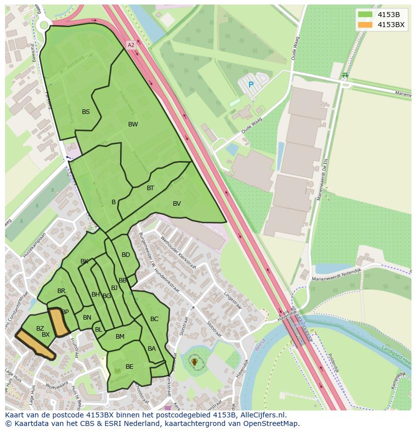 Afbeelding van het postcodegebied 4153 BX op de kaart.