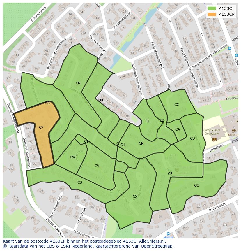 Afbeelding van het postcodegebied 4153 CP op de kaart.