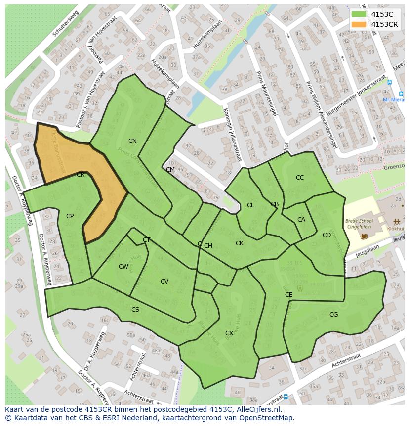 Afbeelding van het postcodegebied 4153 CR op de kaart.