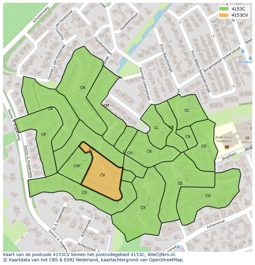 Afbeelding van het postcodegebied 4153 CV op de kaart.