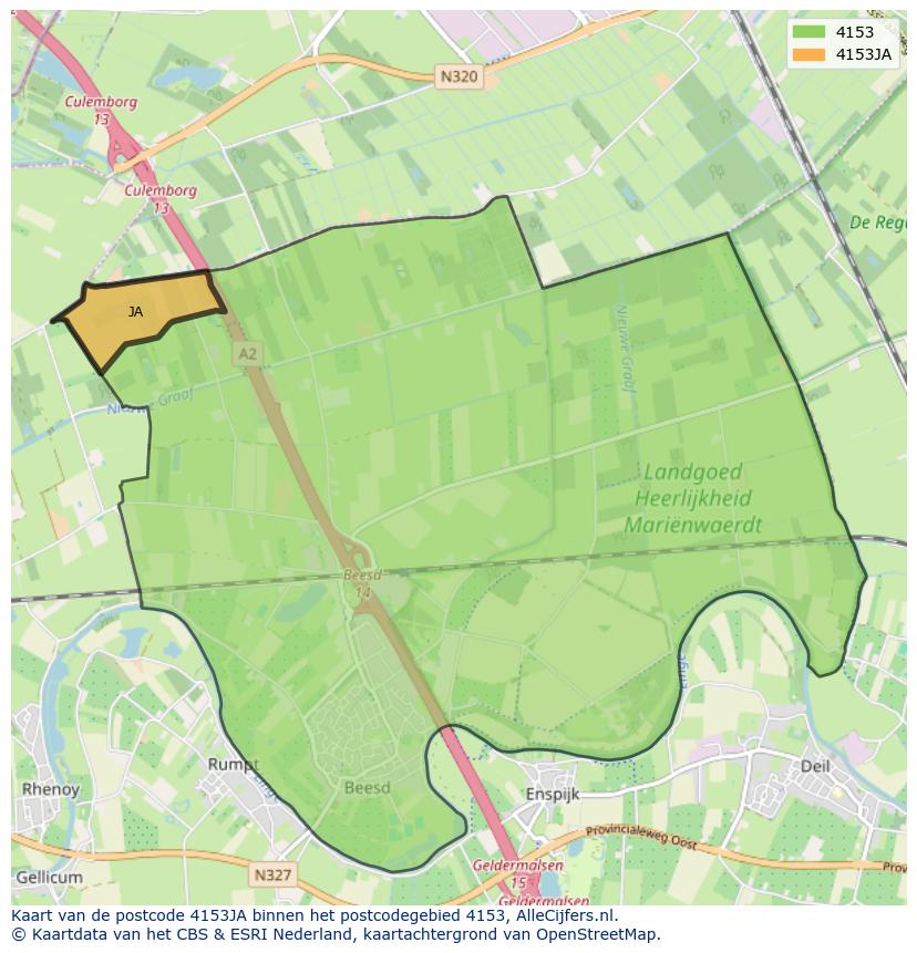 Afbeelding van het postcodegebied 4153 JA op de kaart.