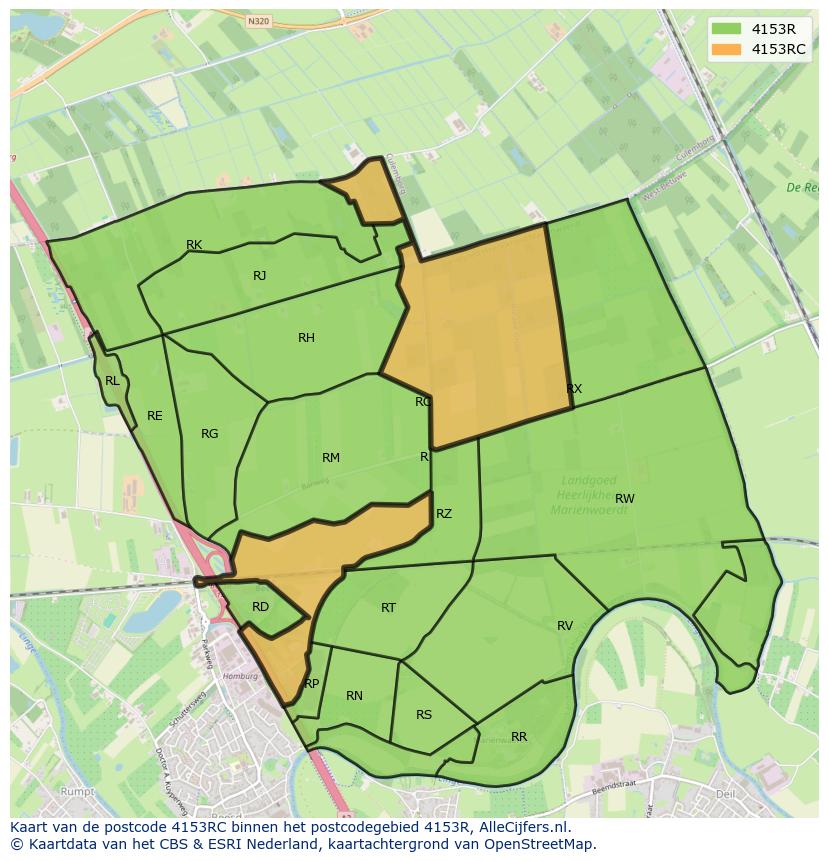 Afbeelding van het postcodegebied 4153 RC op de kaart.
