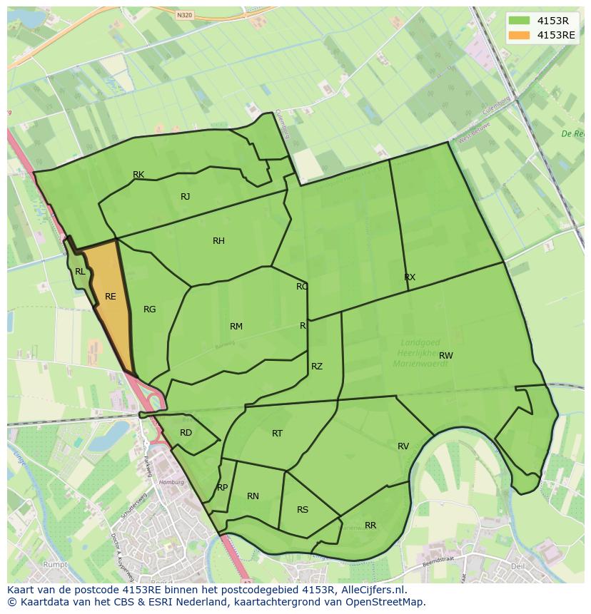 Afbeelding van het postcodegebied 4153 RE op de kaart.