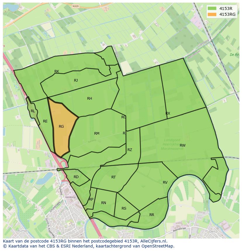 Afbeelding van het postcodegebied 4153 RG op de kaart.