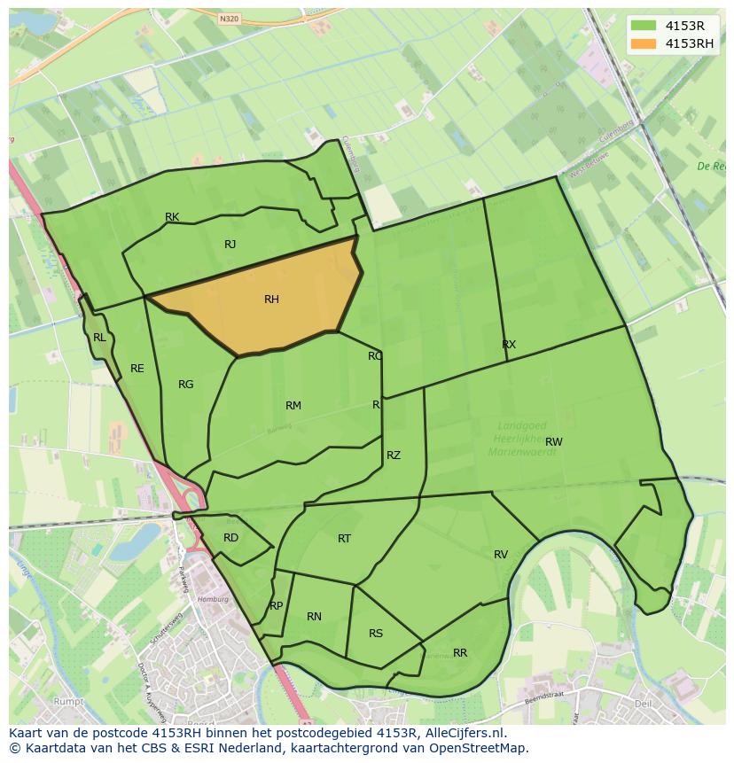 Afbeelding van het postcodegebied 4153 RH op de kaart.
