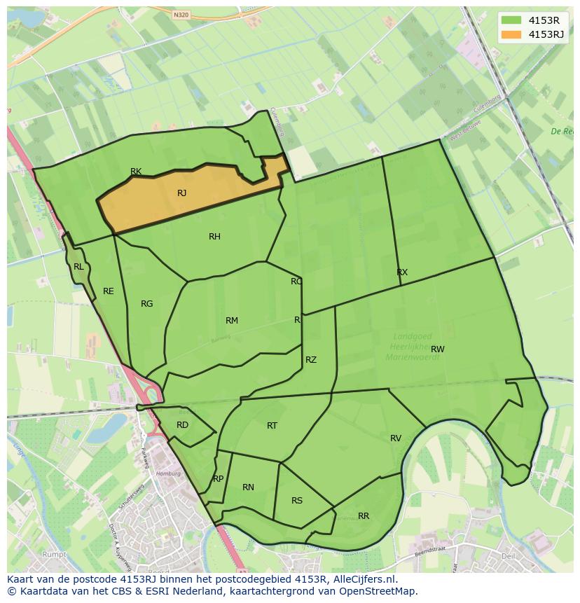 Afbeelding van het postcodegebied 4153 RJ op de kaart.