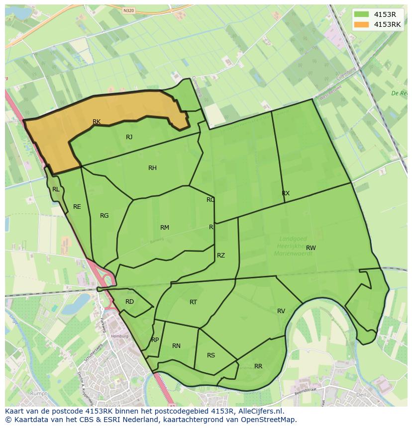 Afbeelding van het postcodegebied 4153 RK op de kaart.